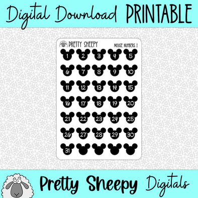 Mouse Numbers/Countdown Printable Stickers PNG Digital Download