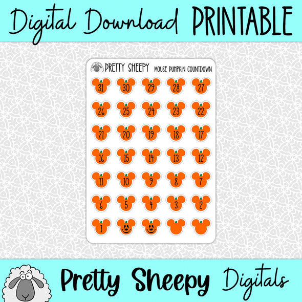 Halloween Mouse Pumpkin Countdown Printable Stickers PNG Digital Download