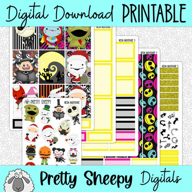 Neon Nightmare Printable Planner Stickers PNG Digital Download Weekly Vertical Kit