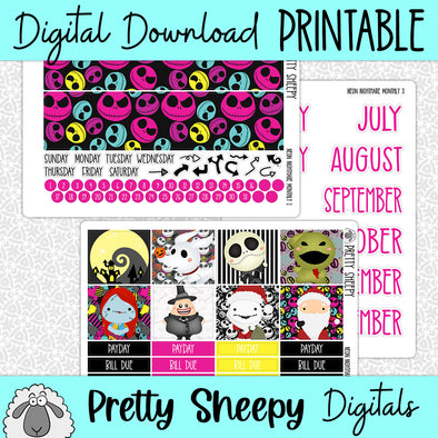 Neon Nightmare Printable Planner Stickers PNG Digital Download Monthly Kit