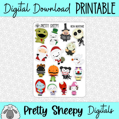 Neon Nightmare Printable Stickers PNG Digital Download