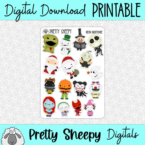 Neon Nightmare Printable Stickers PNG Digital Download