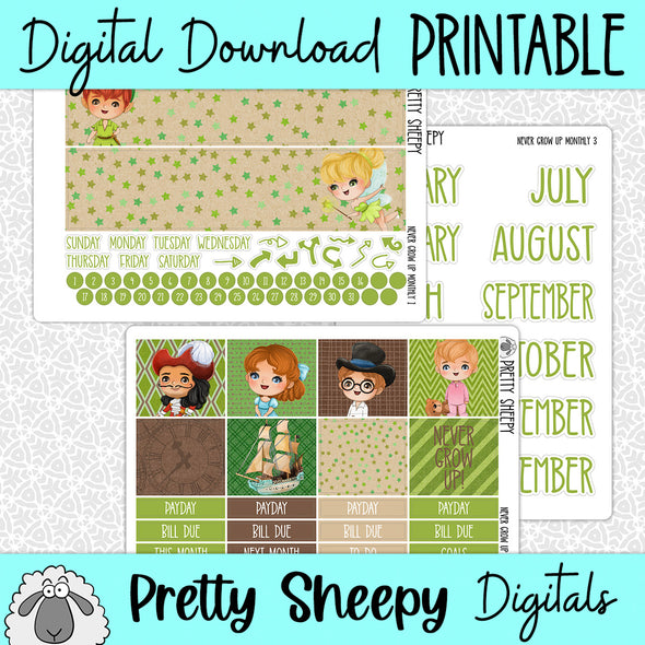 Never Grow Up Printable Planner Stickers PNG Digital Download Monthly Kit