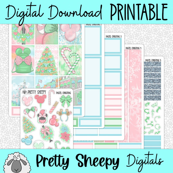 Pastel Christmas Printable Planner Stickers PNG Digital Download Weekly Vertical Kit