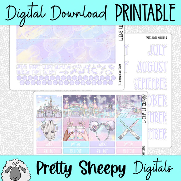 Pastel Magic Printable Planner Stickers PNG Digital Download Monthly Kit