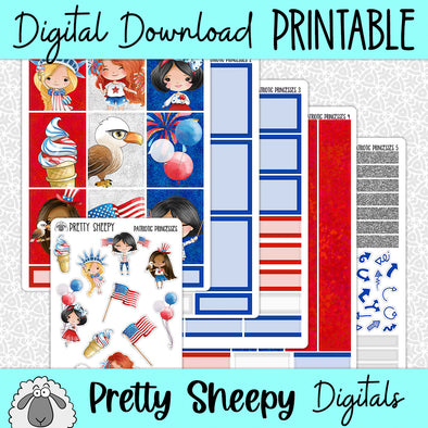 Patriotic Princesses Printable Planner Stickers PNG Digital Download Weekly Vertical Kit
