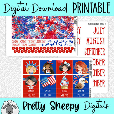 Patriotic Princesses Printable Planner Stickers PNG Digital Download Monthly Kit