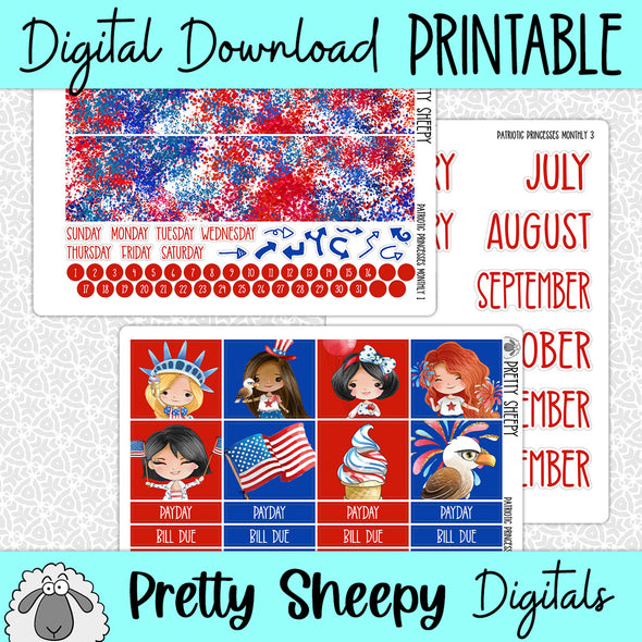 Patriotic Princesses Printable Planner Stickers PNG Digital Download Monthly Kit