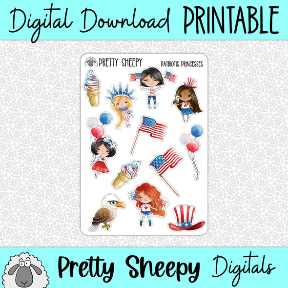 Patriotic Princesses Printable Stickers PNG Digital Download