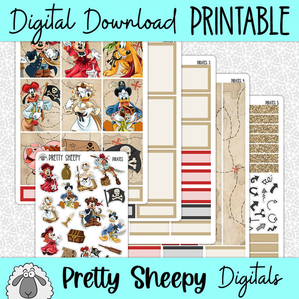 Pirates Printable Planner Stickers PNG Digital Download Weekly Vertical Kit