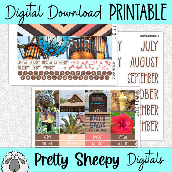 Polynesian Printable Planner Stickers PNG Digital Download Monthly Kit