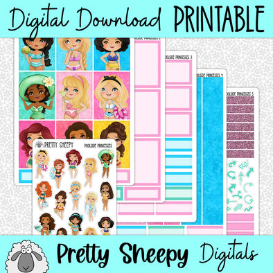 Poolside Princesses Printable Planner Stickers PNG Digital Download Weekly Vertical Kit