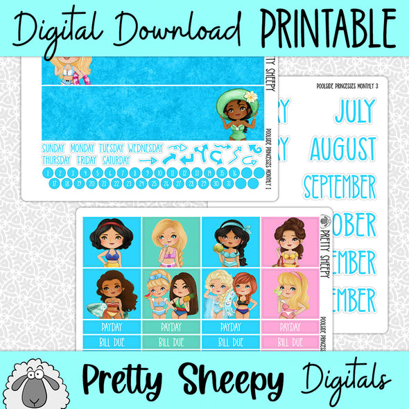 Poolside Princesses Printable Planner Stickers PNG Digital Download Monthly Kit