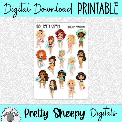 Poolside Princesses Printable Stickers PNG Digital Download