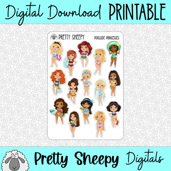 Poolside Princesses Printable Stickers PNG Digital Download