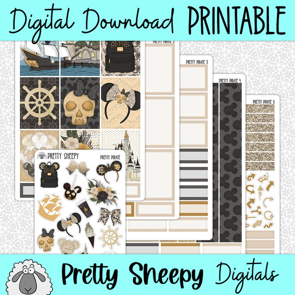 Pretty Pirate Printable Planner Stickers PNG Digital Download Weekly Vertical Kit