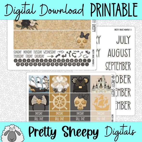 Pretty Pirate Printable Planner Stickers PNG Digital Download Monthly Kit