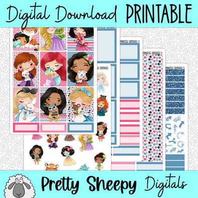 Princess Sidekicks Printable Planner Stickers PNG Digital Download Weekly Vertical Kit