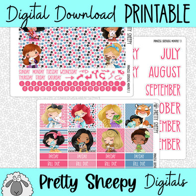 Princess Sidekicks Printable Planner Stickers PNG Digital Download Monthly Kit