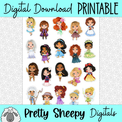 Princesses Printable Stickers PNG Digital Download