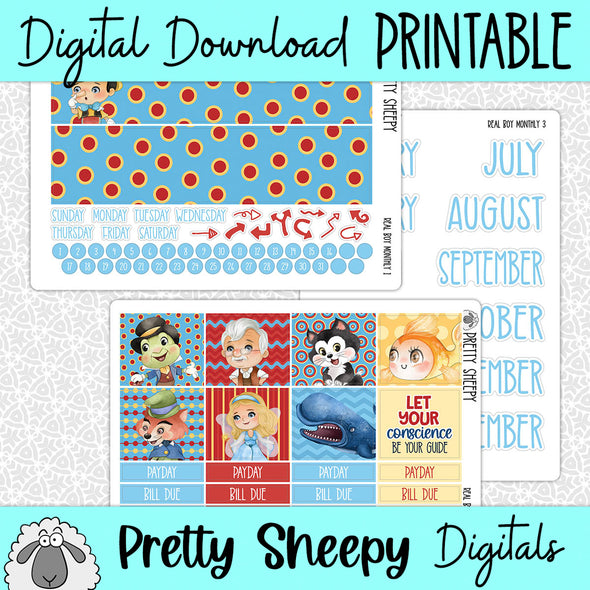Real Boy Printable Planner Stickers PNG Digital Download Monthly Kit