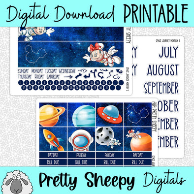 Space Journey Printable Planner Stickers PNG Digital Download Monthly Kit