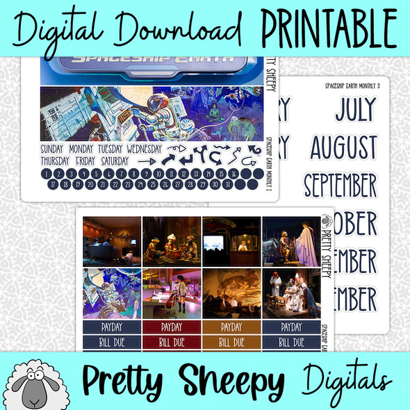 Spaceship Earth Printable Planner Stickers PNG Digital Download Monthly Kit
