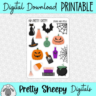 Spooks & Spells Halloween Printable Stickers PNG Digital Download