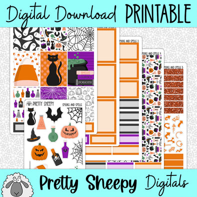 Spooks & Spells Halloween Printable Planner Stickers PNG Digital Download Weekly Vertical Kit