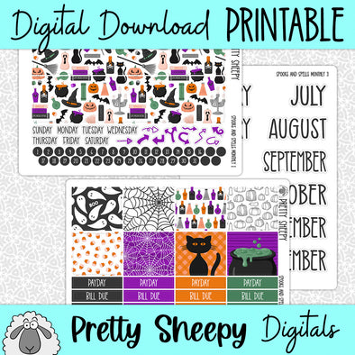 Spooks & Spells Halloween Printable Planner Stickers PNG Digital Download Monthly Kit