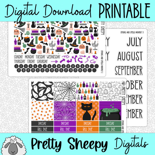 Spooks & Spells Halloween Printable Planner Stickers PNG Digital Download Monthly Kit