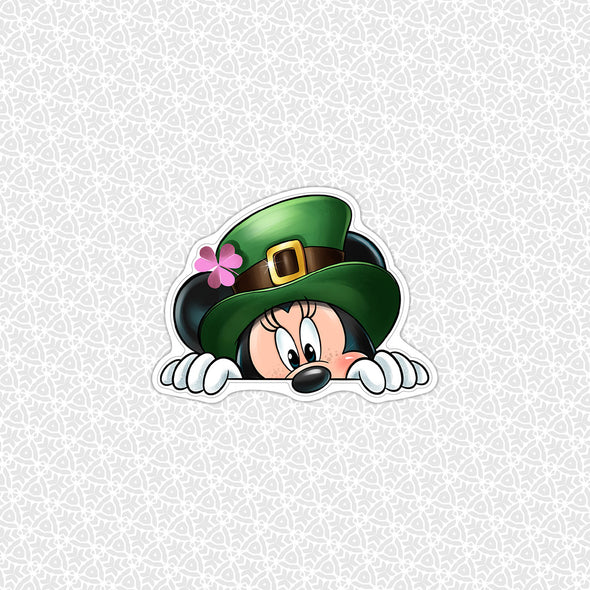 St. Patrick's Day Peeking Miss Mouse Easy Peel Premium Vinyl Die Cut Sticker