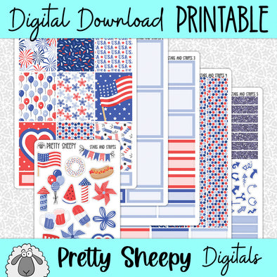 Stars & Stripes Printable Planner Stickers PNG Digital Download Weekly Vertical Kit