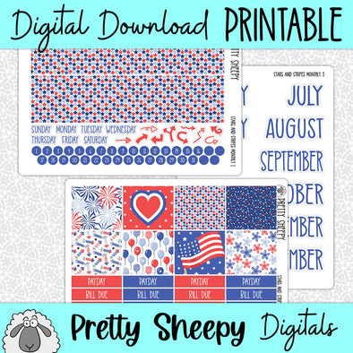 Stars & Stripes Printable Planner Stickers PNG Digital Download Monthly Kit