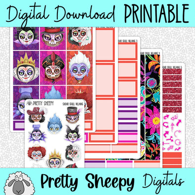 Sugar Skull Villains Printable Planner Stickers PNG Digital Download Weekly Vertical Kit