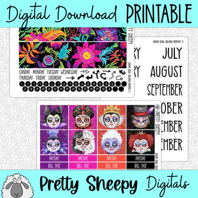 Sugar Skull Villains Printable Planner Stickers PNG Digital Download Monthly Kit
