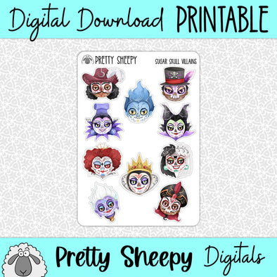 Sugar Skull Villains Printable Stickers PNG Digital Download