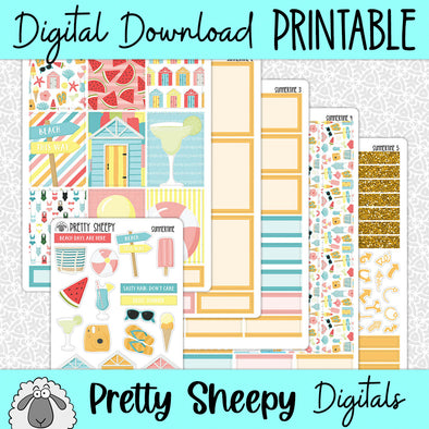 Summertime Printable Planner Stickers PNG Digital Download Weekly Vertical Kit