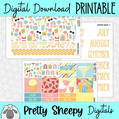 Summertime Printable Planner Stickers PNG Digital Download Monthly Kit
