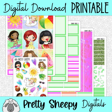 Sunny Girls Printable Planner Stickers PNG Digital Download Weekly Vertical Kit