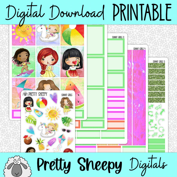 Sunny Girls Printable Planner Stickers PNG Digital Download Weekly Vertical Kit