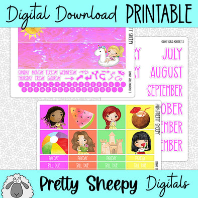 Sunny Girls Printable Planner Stickers PNG Digital Download Monthly Kit