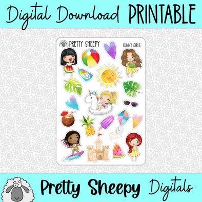 Sunny Girls Printable Stickers PNG Digital Download