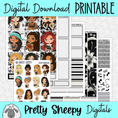 Tatted Princesses Printable Planner Stickers PNG Digital Download Weekly Vertical Kit