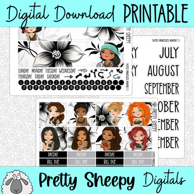 Tatted Princesses Printable Planner Stickers PNG Digital Download Monthly Kit