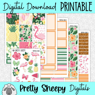 Tropical Oasis Printable Planner Stickers PNG Digital Download Weekly Vertical Kit