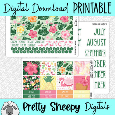 Tropical Oasis Printable Planner Stickers PNG Digital Download Monthly Kit