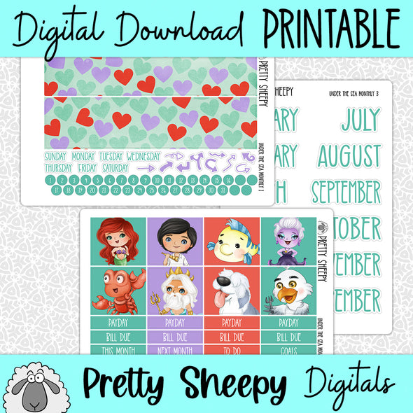 Under the Sea Printable Planner Stickers PNG Digital Download Monthly Kit
