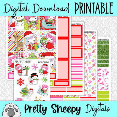 Unicorn Christmas Printable Planner Stickers PNG Digital Download Weekly Vertical Kit