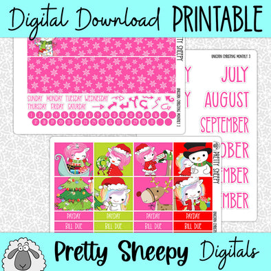 Unicorn Christmas Printable Planner Stickers PNG Digital Download Monthly Kit